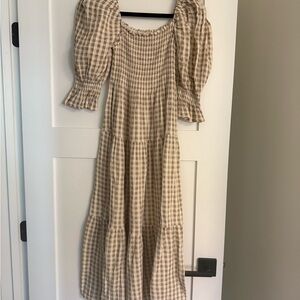 Nothing Fits But Gingham Midi Dress in Tan